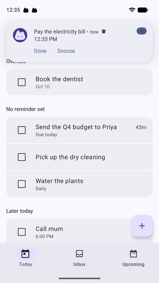 A reminder arriving, with Done and Snooze